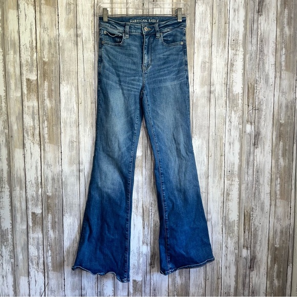 American Eagle Super High Rise Flare Jeans | Size 2 | Classic Blue Stretch Denim - Picture 2 of 9